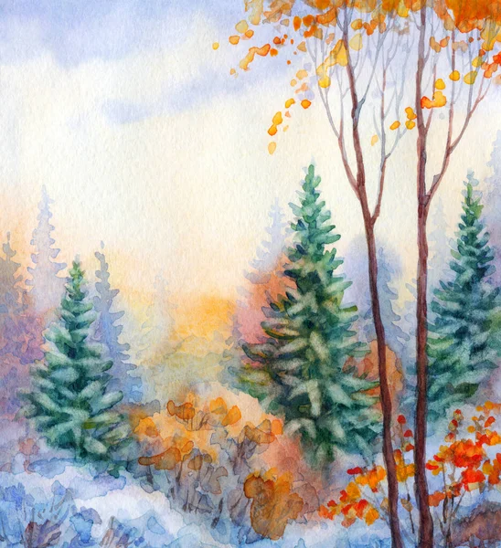明るい手描きの水彩画は 天に紙のアートワークカードの背景テキストスペースに風光明媚なスケッチ 静かな冬の青い色のペイント日没のアーティストのシーン ホワイト穏やかな氷のクリスマス白樺の丘の谷 — ストック写真