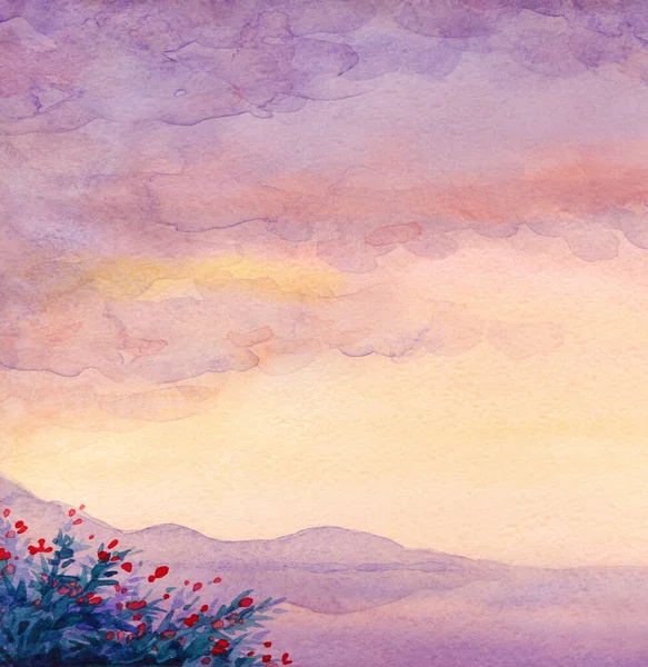 明亮的彩色手绘水彩画素描艺术风格 背景明亮 文字空间多云的天堂 清澈的紫色池湾景致 古朴的粉红色静谧的岩石悬崖树植物 — 图库照片