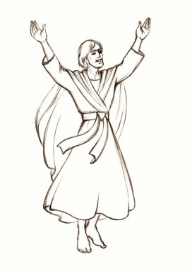 Saint holy male jew lord savior rise up arm devot come look love life hope rapture happy joy day old church story. Line drawn raised human ascend divine glory greet light white sign picture art sketch