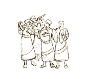 Geçmişe dönük, eğlenceli dans partisi erkek, Yahudi, rahip, dua et, dua et, şarkı söyle, Lir, halk müziği çal, Doğu Yahudi, insan, ahşap, çan, flüt, İslami, el, Arap, İncil 'deki sanat eserlerini çiz.