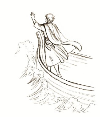Antik Doğu Asya Arap erkek adam kol yasağı tehlikesiyle karşı karşıya ıslak Celile Kinneret nehri sahnesi. El çizimi koyu siyah kalem Yahudi eski çağ kutsal aziz eski Yahudi İncil hikayesi sanat tasviri beyaz gökyüzü