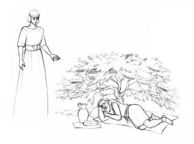 Geriye dönük yaşlılık Yahudi insan erkek yaşlılar, dinlenme yeri, ağaçlara susamış bitki çöl kumlarına susamış kara parçası. Doğu Arap kumaş el çizimi Lord Tanrı mucizesi kek kavanozu sürahisi içmeye yardım et Musa hikayesi eskizi 