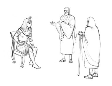 Lüks kumaşlı, baston çubuklu adam Tanrı 'dan izin iste Torah sahnesi siyah çizilmiş eski çağ asilzadesi kutsal Yahudi kıdemli rahip Doğu Arap çizgi film çizim tarzı inanç hikayesi teklif ediyor.