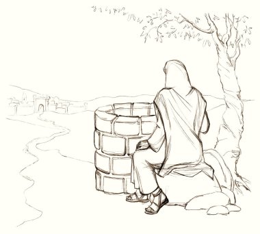 Young male jew lord slave Eliezer sit relax look meet Islam drink source basin retro age holy god faith art sketch story. Line hand drawn nomad maid girl lady roman city town park yard path sky view