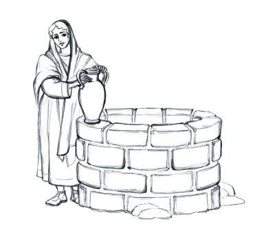 Young joy happy jew look love Islam Arab rock drink source basin job chore jug jar pitcher worker lady Rachel retro holy god story faith age art sketch. Line hand drawn work park yard path sky view