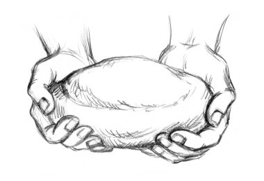 Lezzetli, hafif, beyaz arpa rulo hamur, küçük bir çocuğa ihtiyaç var. Şef Baker 'a yalvar. Kalem çizilmiş eski erkek tanrı İsa kol inancı çavdar diyeti ikonu tabela logo kavramı eski İncil sanatı