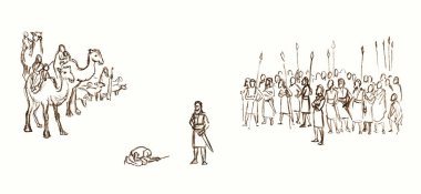 Retro yaşlı erkek güçlü zırhlı muhafız birliği insan kalabalığı Canaan arazi sahnesine düştü. Doğu siyah eli çizilmiş yahudi Tanrı 'ya yalvaran çocuk kampı İslami Müslüman karikatür çizimi