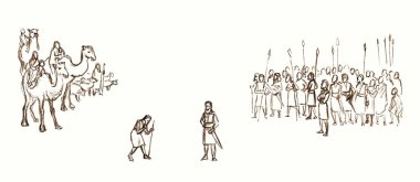 Geçmişe dönüş topal erkek ikiz, yürü git zırhlı muhafız kol kol sıraları insan kalabalığı beyaz arazi sahnesi Ortadoğu siyah el çizilmiş yahudi Tanrı inancı çocuk kampı hikayesi müslüman karikatür çizimi