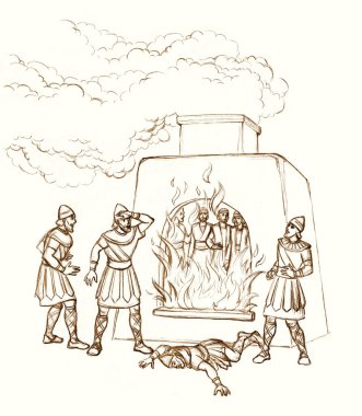 Doğu Suriye yasalarına göre 3 yaş grubu kollarını bağladı. Yahudi erkek kurban ocağın dumanına dayanmak için dua ediyor. Çizgideki kalem el, geriye doğru çizilmiş. Yazar İranlı Arap. Panik atak, korku, ölüm.