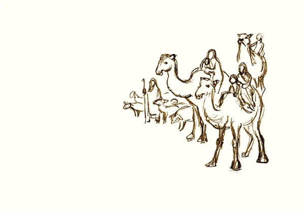 レトロアンティークの聖書の神の物語イスラーム美術手のスケッチを描かれたいくつかの男性の男のライダー座って聖なるレイチェルリア砂のペットを返す移行に移動します 中東アジアイスラエルの子供は砂砂丘フィールドロード市場の空のテキストスペースに立つ — ストック写真