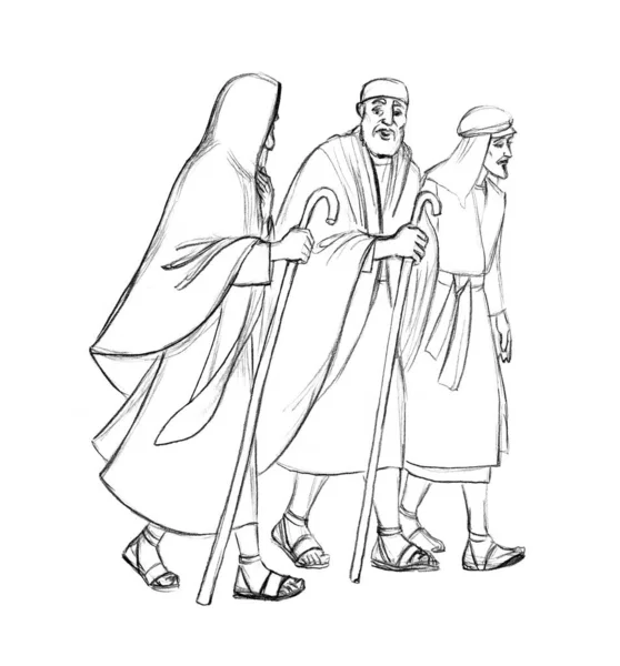 拉比律法3男犹太人约翰 詹姆斯问坐在右边的圣主圣神白人信仰故事伊斯兰教艺术 中东旧时代亚洲长袍服饰布景领路步行街手绘 — 图库照片