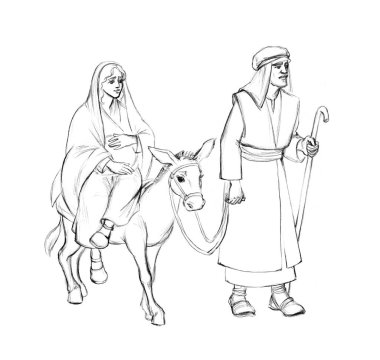 Josef Maria new holy saint son go ride mule ass animal east Egypt isolate israel desert light white sky text space. hand drawn old merry xmas come eve story retro sketch art cartoon symbol style scene