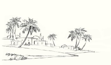 Middle islam age orient oasis plant land wooden park hill road path pond beach artist scene view Black line hand drawn retro art sketch wild Galilee sea mount travel light summer sunset sky text space clipart