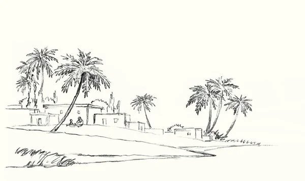 이슬람 시대의 오아시스 나무로 노면화 풍경검은 스케치 갈릴리 여행가벼운 텍스트 — 스톡 사진
