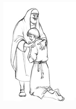 Israel lost faith sad young male guy boy worker meet good dad joy road. upset torn rag robe cloth sin jew prayer face run knee weep cry hope pray lord God Jesus Christ retro hand drawn east sketch art clipart