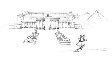 Lüks kumaşlı köle insan efendisi hızla şehir kapısına doğru gidiyor sıcak kum tepeciği yolu beyaz gökyüzü. Siyah çizgili eski çağ soylu Yahudi erkek inanç kralı cezalandırma hikayesi Tanrı 'ya dua et Doğu Arap sanat eskizi tarzı sahne 