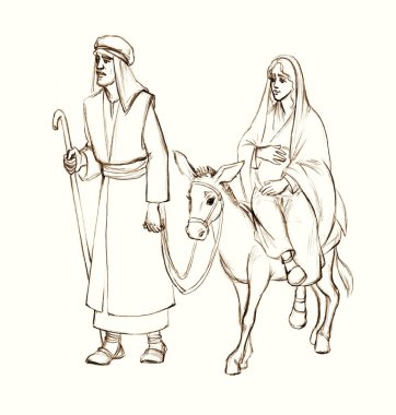 Josef Maria new holy saint son go ride mule ass animal east Egypt isolate israel desert light white sky text space. hand drawn old merry xmas come eve story retro sketch art cartoon symbol style scene