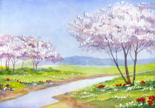 Akvarelová Krajina Kvetoucí Ovocné Stromy Nad Klidným Jezerem — Stock fotografie