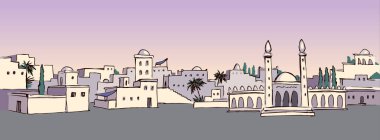 Geçmişe dönük eski İncil Yahudi çağı kırsal ülke Medine palmiye ağacı kentsel sahnesi beyaz gökyüzü manzaralı. El çizimi İran Iraklı Umman kulesi seyahat çizimi çizgi çizgi çizgi kutsal kitap sanat vektörü