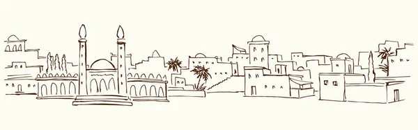 复古古时代的圣经时代农村东方麦地那棕榈树城市景致白天景致 伊朗伊拉克阿曼塔旅游素描线漫画圣经艺术矢量 — 图库矢量图片