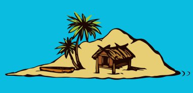 Eski yalnızlık turist tatil beldesi deniz kumu çöl mavi gökyüzü. Siyah el, 1 bali konsept logo simgesi tabela sahnesi çizdi. Retro sanat karalama çizgisi çizgi film baskı tarzı gezi manzarası