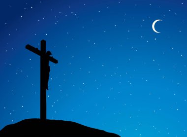 Soyut kutsal ilahi duacı kişi Tanrı mesih tutku acı ruh hayat. Kutsal el çizimi sanatı koyu siyah ahşap kilise mezar ikonu hatta alacakaranlık mavi yıldızlı cennet metin uzayı.