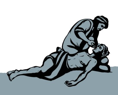 Antik Doğu Arap azizi insan rahatlaması yol boyunca beyaz gökyüzü. Çizgi siyah el, yetişkin hasta bir şekilde çizilmiş sosyal fakir, hastalıklı bir ikon resmi. Kutsal İncil 'in efendisi Yüce İsa' nın İncil vektörü sanat eskizi