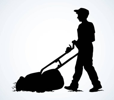 Metin için beyaz gökyüzü alanında çim kesici tırpher cihazı nı takın. Koyu mürekkep el çizilmiş el emeği bitki çim makas ev chore makine logosu modern küçük resim litur baskı tarzı pictogram işaret simgesi