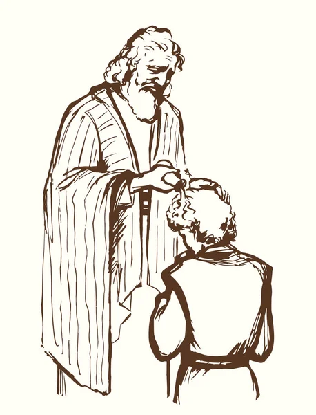 聖なるユダヤ人の高齢者の父は腕の髪を保持する神の力治癒病気の男性の男の息子の顔の儀式は 通常の誓いを注ぐ置く膝の若い年齢の男の子を選択します — ストックベクタ