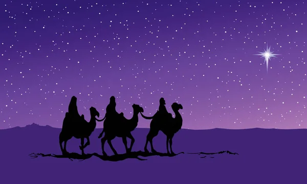 三个古老的魔法东方阿拉伯人跟随新诞生的圣徒圣神之子耶稣基督现在的黄金没药复古图形艺术画快乐的圣诞甚至场景故事 黑手画的以色列信仰福音书卡片文字空间 — 图库矢量图片