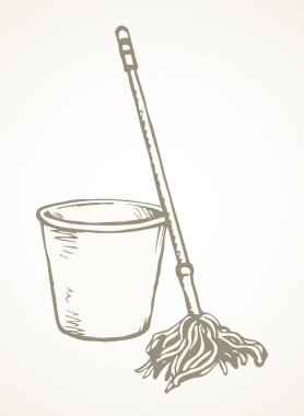 Beyaz oda metin uzayındaki çöp yumağı nesnesini temizleyin. Siyah el çizimi, sağlık sıvısı temizleyici bez küvet kovası logosu. Retro çizgi çizgi film sanatı görünüm çöp kutusunu kapatın