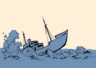 Antik ahşap paslı büyük fırkateyn alt direği beyaz gökyüzü metin uzayında kalır. Ana hatları siyah el çizilmiş derin denizcilik batık rüzgar sorun galleon logo işaret simgesi çizimi sanat retro doodle çizgi çizgi tarzı