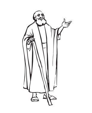 Kutsal Yahudi Tanrısı, bilge erkek haham rahibin ayağa kalktığına inanıyor. El çizimi siyah çizim eskiz eskiz orta Asya Suudi Arabistan etnik bornoz elbise kamış görünümlü beyaz gökyüzü metin alanı