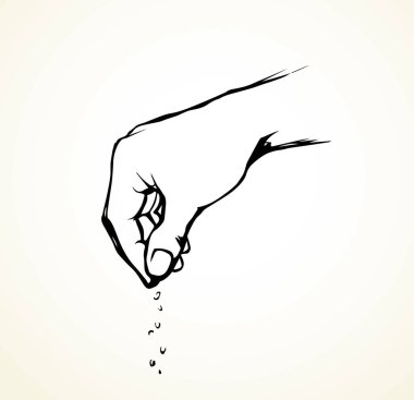 Yakından bak, dişi avuç içi avuçlarını kaldır, kırıntıları tut, küçük mısır tozu ver, beyaz bahar çiftliği gökyüzü mesaj alanı. Siyah kalem çizilmiş baharatlı logo amblemi konsepti retro çizgi çizgi film tarzı