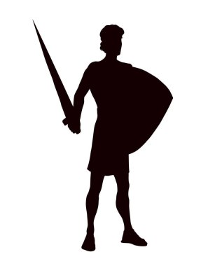 Cesur genç erkek Greec kralı Roma zırhlı vücudu güçlü Yahudi insan işareti ikonunun yanından geçerken siyah çizgiler çiziyor. Yahudi kahraman bıçak çatışması logosu İncil çağı İsrail tanrı zafer çizgisi beyaz gökyüzü