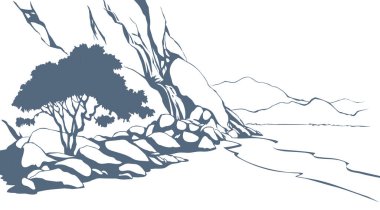 Doğu Arap İnciline ait eski Afrikalı çatlak kanyon tepesi yamaçtan kayalık kayalık dere akıntısı bereketli çalı manzaralı gökyüzü yazı alanı manzarası. özet siyah el çizilmiş Asyalı sahne retro karikatür sanat dolap tarzı