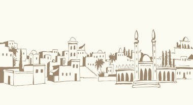 Geçmişe dönük eski İncil Yahudi çağı kırsal ülke Medine palmiye ağacı kentsel sahnesi beyaz gökyüzü manzaralı. El çizimi İran Iraklı Umman kulesi seyahat çizimi çizgi çizgi çizgi kutsal kitap sanat vektörü