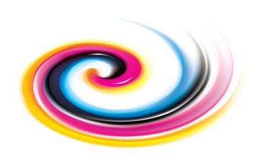 Canlı birincil boya gama tam palet pigment sembol çerçeve pankartın yaratıcı anafor şablonu. Yazdırma teknolojisi parlak kıvrımlı püskürtme disk simgesi simgesi logosu. Yakın görünüm metin uzayı