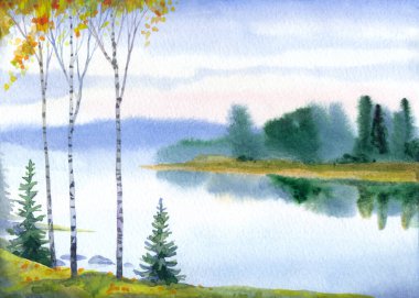 Hand drawn paint artwork quiet rain cloudy sketch white paper backdrop text space. Light blue color calm rural hill creek bay field wood shrub plant fall smoke haze marsh ocean sea shore scene view