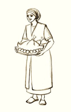Young jew east arab human stand job old white rural retro veil shawl cloth. Hand drawn black art sketch happy joy smile slave lady face arm work go carry bring platter give tasty bake bird event table