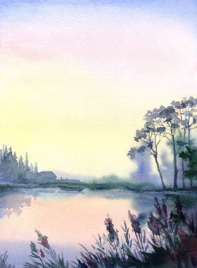 Hand drawn paint artwork quiet rural hill hut home rain cloud scene sketch text space. Sun dawn light calm old travel land bay green bush fir pine plant fall fog mist haze farm field flood artist view