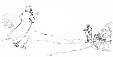 Asian sad lost sin Jewish male guy see crisis worker stick trip rural land way. Old poor torn robe cloth sin jew cry look Israel God Jesus Christ happy joy faith retro hand drawn east Arab sketch art