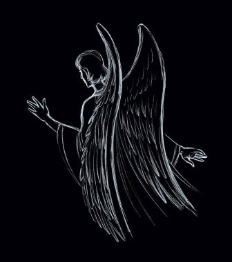 Saint jewish prayer male knight seraph cherub mythic hero stand pray church sky. Black pencil hand drawn old power holy jew miracle light cloth human fly woman spirit war retro islam myth vision art 