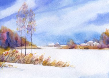 Hand drawn sketch artwork light blue color paint style paper card dusk cloudy scene text space. Cold old fog mist haze ice path way road rustic farm wood barn hut roof icy bush shrub coast scenic view