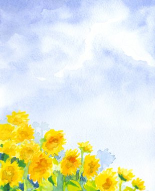 Hand drawn bright artwork paint hot villag bloom petal leaf fall season heaven scene sketch white paper text space card. Sun light blue color calm rustic ripe food grain green plant meadow scenic view