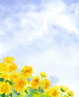 Hand drawn bright artwork paint hot villag bloom petal leaf fall season heaven scene sketch white paper text space card. Sun light blue color calm rustic ripe food grain green plant meadow scenic view