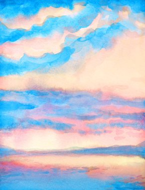 Hand drawn paint quiet calm beach shore fresh sun glare white light dawn heaven horizon view scene. Paper card text space retro sketch style design blue violet acryl color pond rain mount view picture