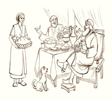 East arab old male jew guy hold cup wine fun event dog retro home veil cloth. Hand draw biblic god story art sketch happy joy smile talk slave chef cook lady work job carry give tasty bake bird tray bread
