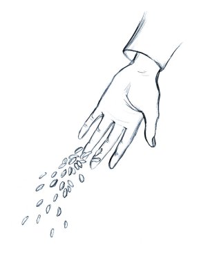 Closeup view female palm arm yield give small corn crop white sky text space Outline black pen drawn biblic pour dirt sign icon concept retro line cartoon bible god Jesus Christ story art sketch style