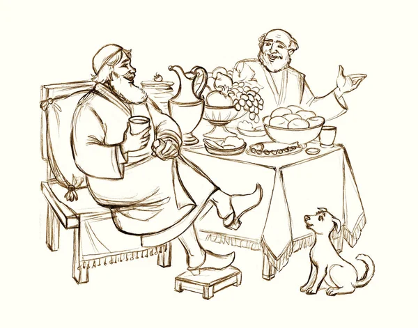 Middle East Asian Arabian old drunk male jew guy group hold cup tasty wine fun merry cheer laugh Islam iftar greet event dog retro home. Hand draw story art sketch happy joy smile talk bake bread dish